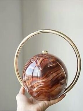 Round Wood-Effect Wristlet Clutch in Brown